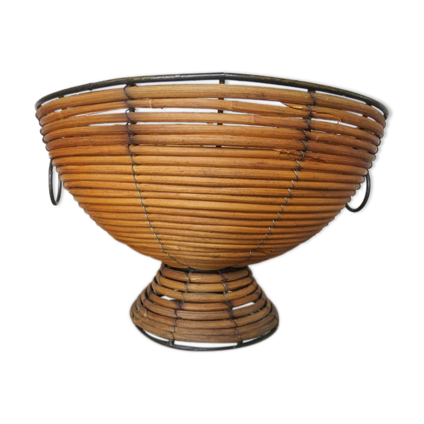 Standing fruit basket in rattan and black lacquered metal 1970