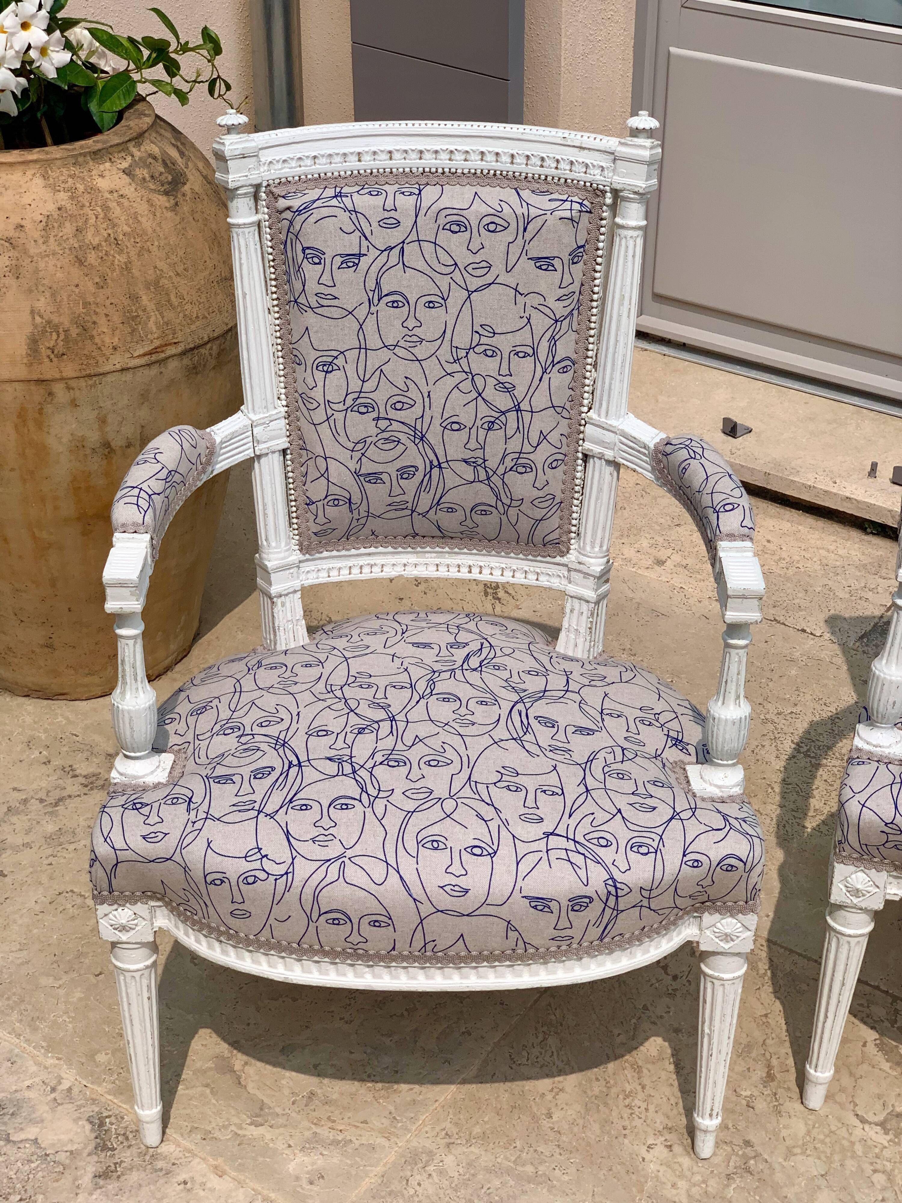 Pair of patinated louis xvi period armchairs, new tapestry