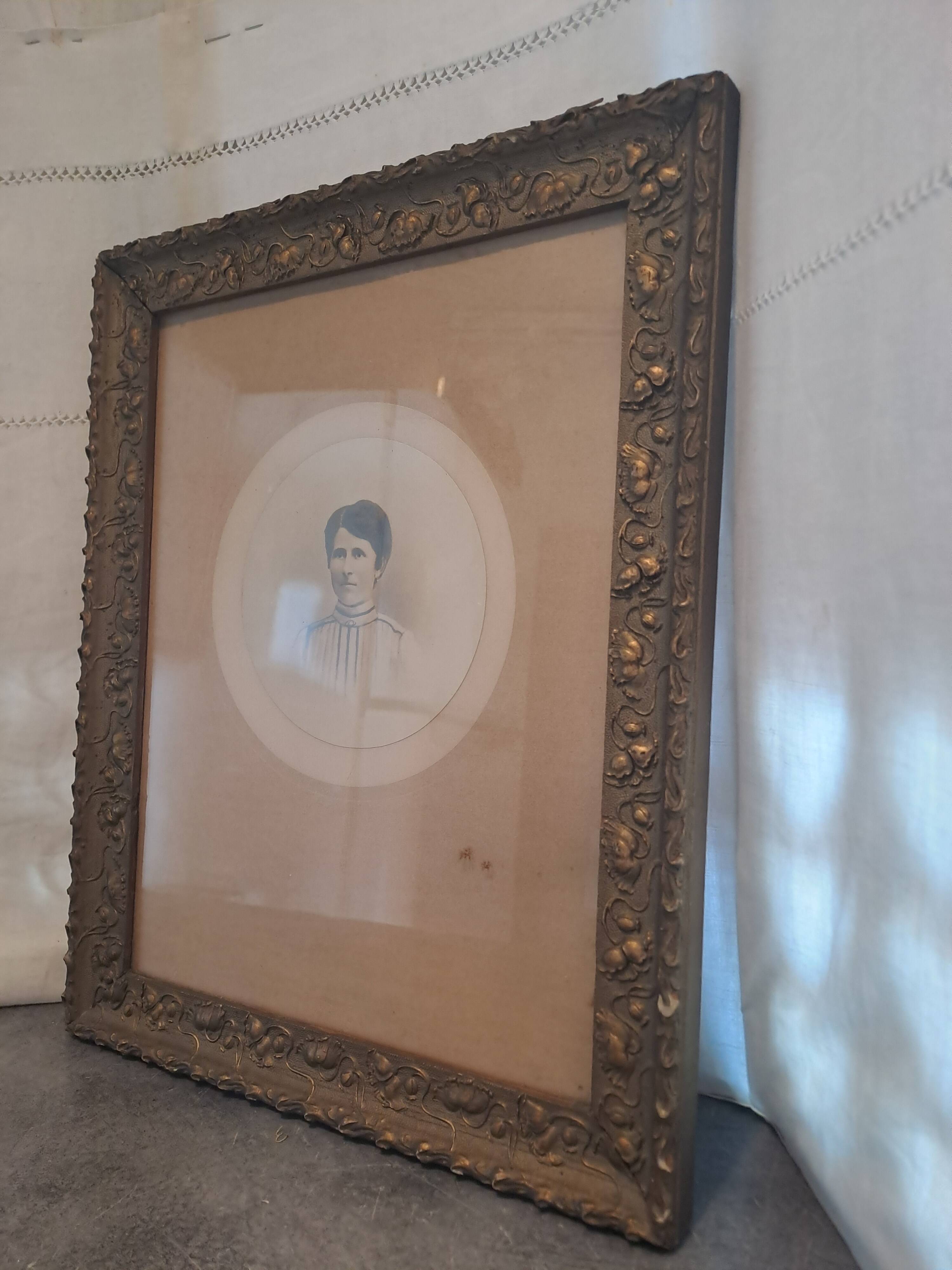 Photo frame portrait ancestor painting woman art nouveau xix france vintage decoration