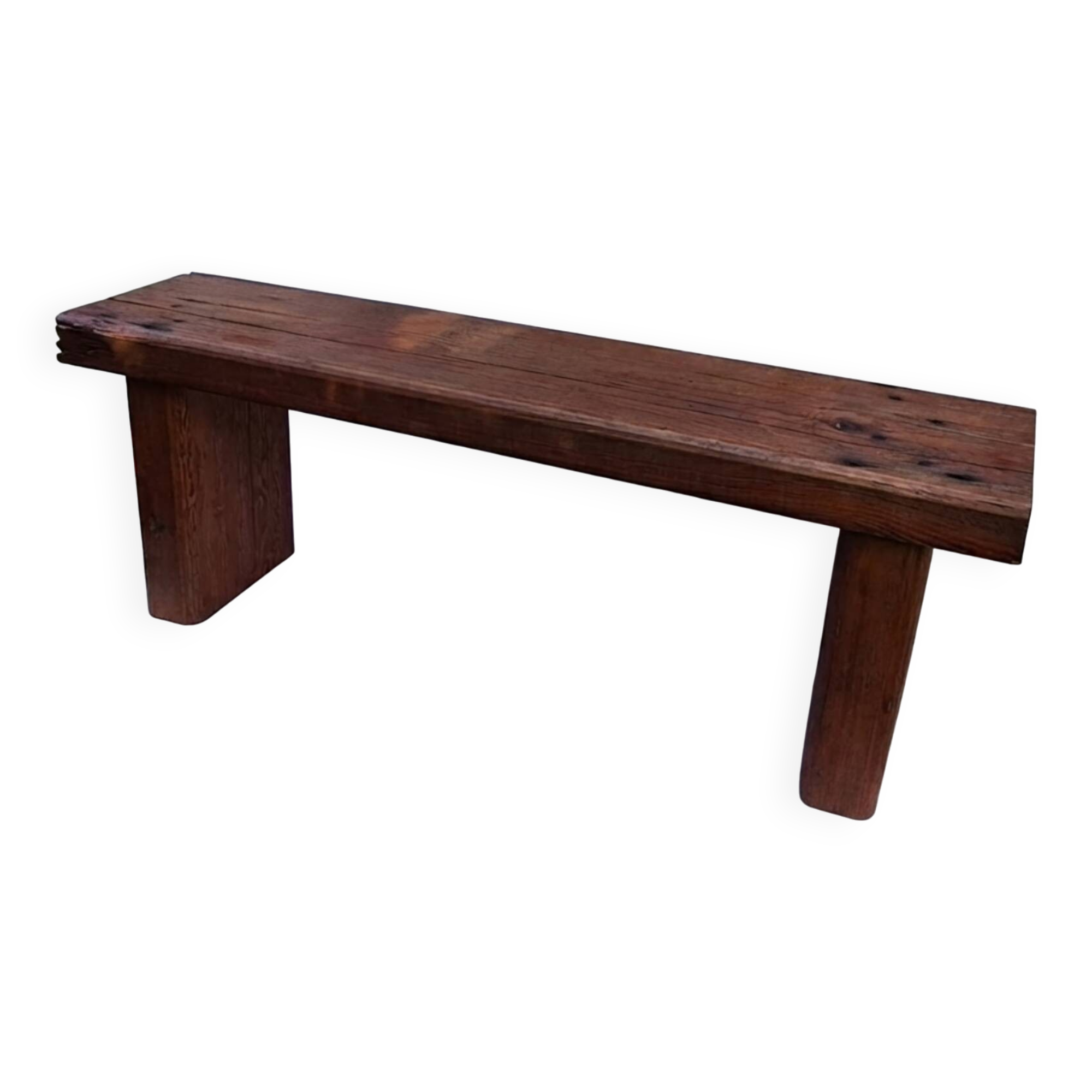 Brutalist wooden bench made of solid oak beam.