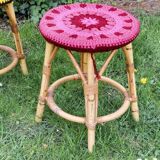 Set of 4 rattan stools and crochet covers