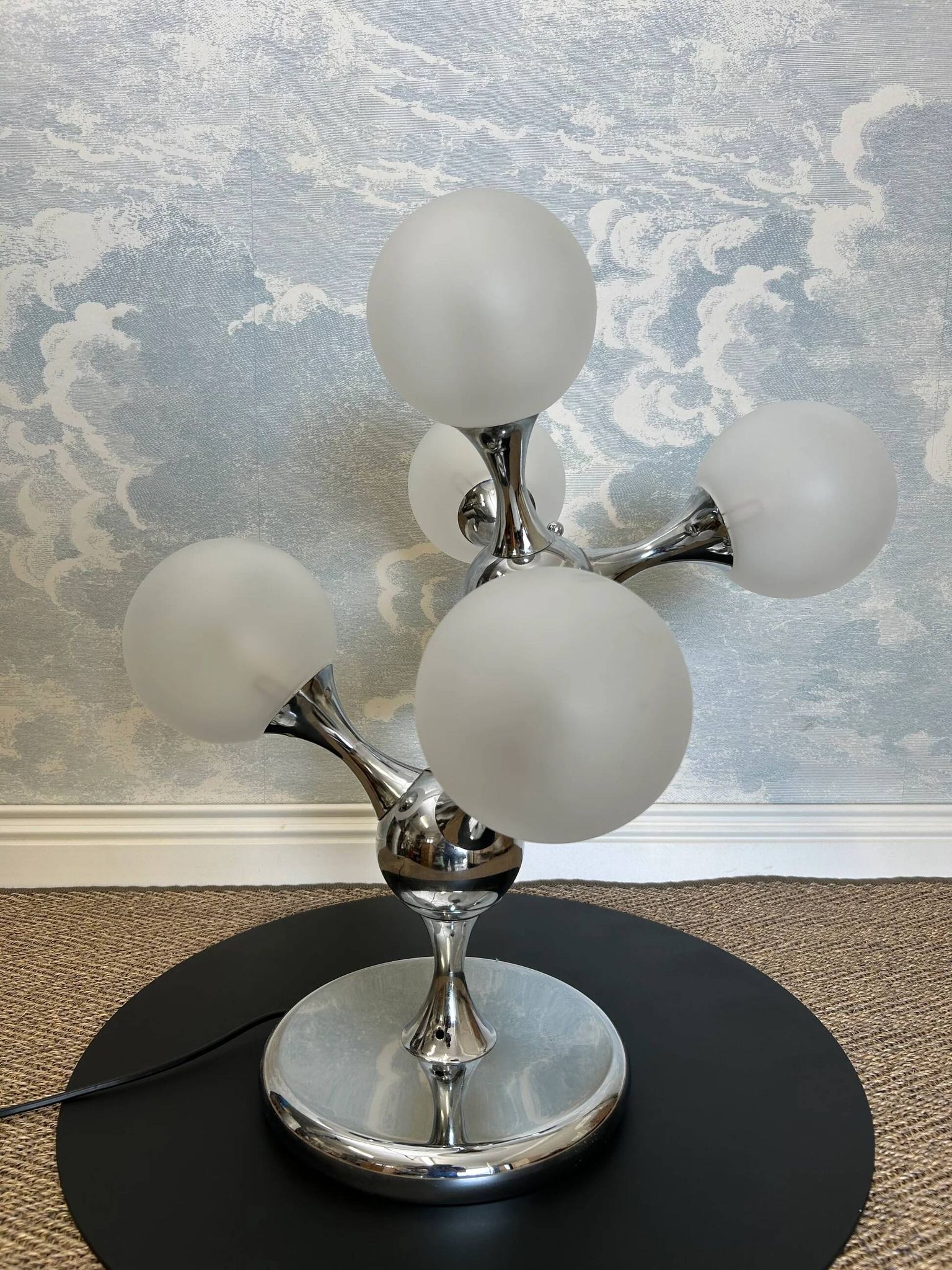 Unique table lamp with a chrome frame and opaque glass globes, 1970s, Space Age, Atomic Age, Sputnik