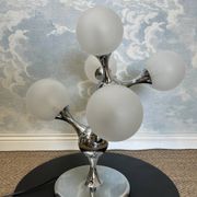 Unique table lamp with a chrome frame and opaque glass globes, 1970s, Space Age, Atomic Age, Sputnik