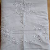 Linen old flat sheet with back embroidered Monogram "RM".