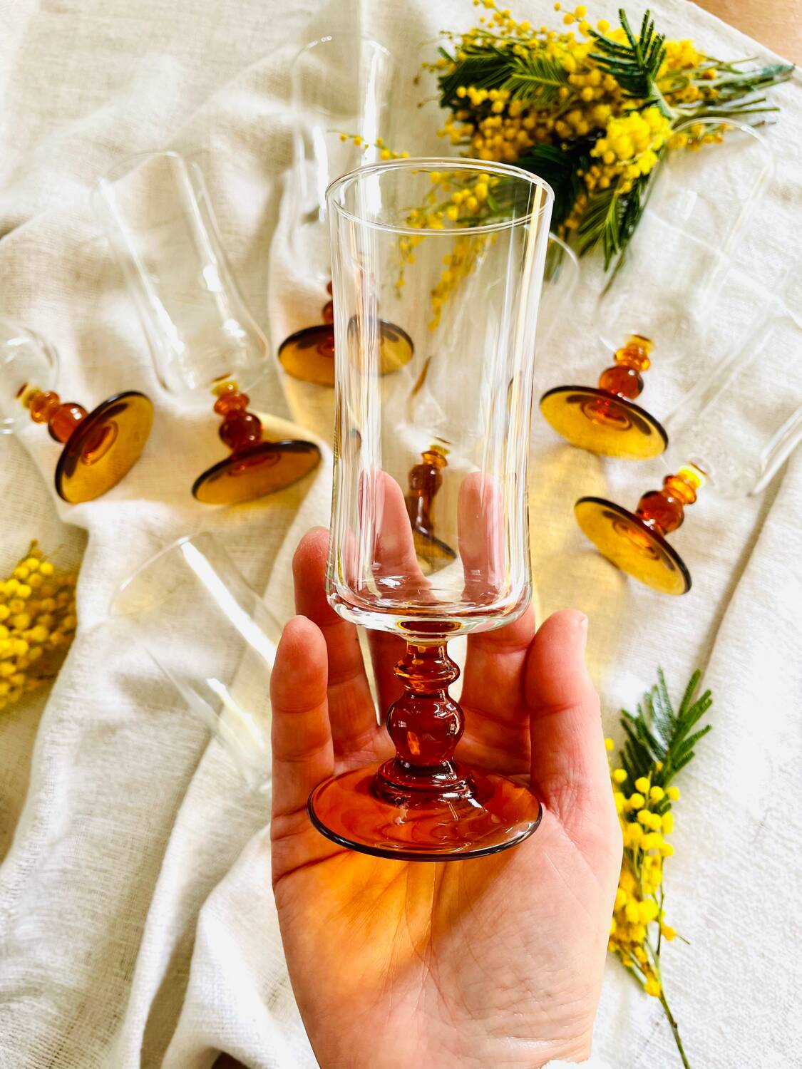 Set of 8 vintage amber glass champagne flutes