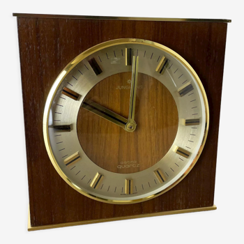 Hollywood regency brass wooden table clock Junghans astra quartz, Germany 1970s