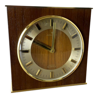 Hollywood regency brass wooden table clock Junghans astra quartz, Germany 1970s