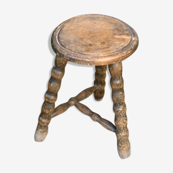 Tabouret tripode en bois tourné vintage