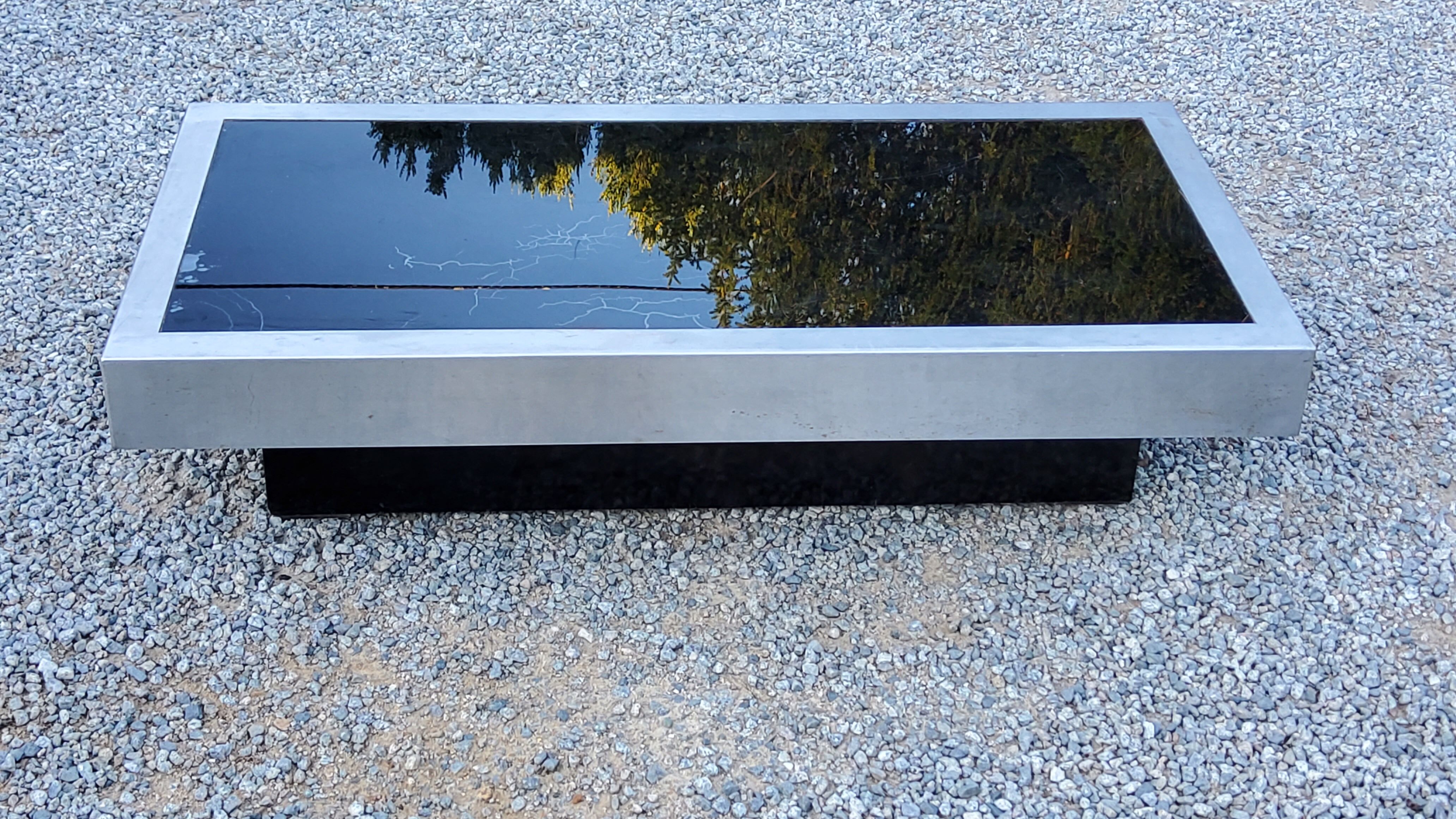 Coffee table in brushed steel and black tinted glass from the 70s