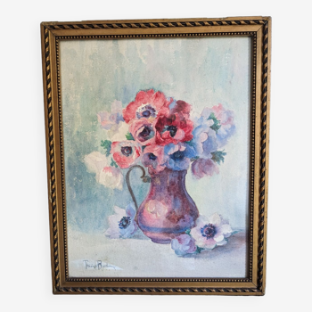 Tableau Aquarelle 1930 bouquet Anémones / Thérèse Barthélémy