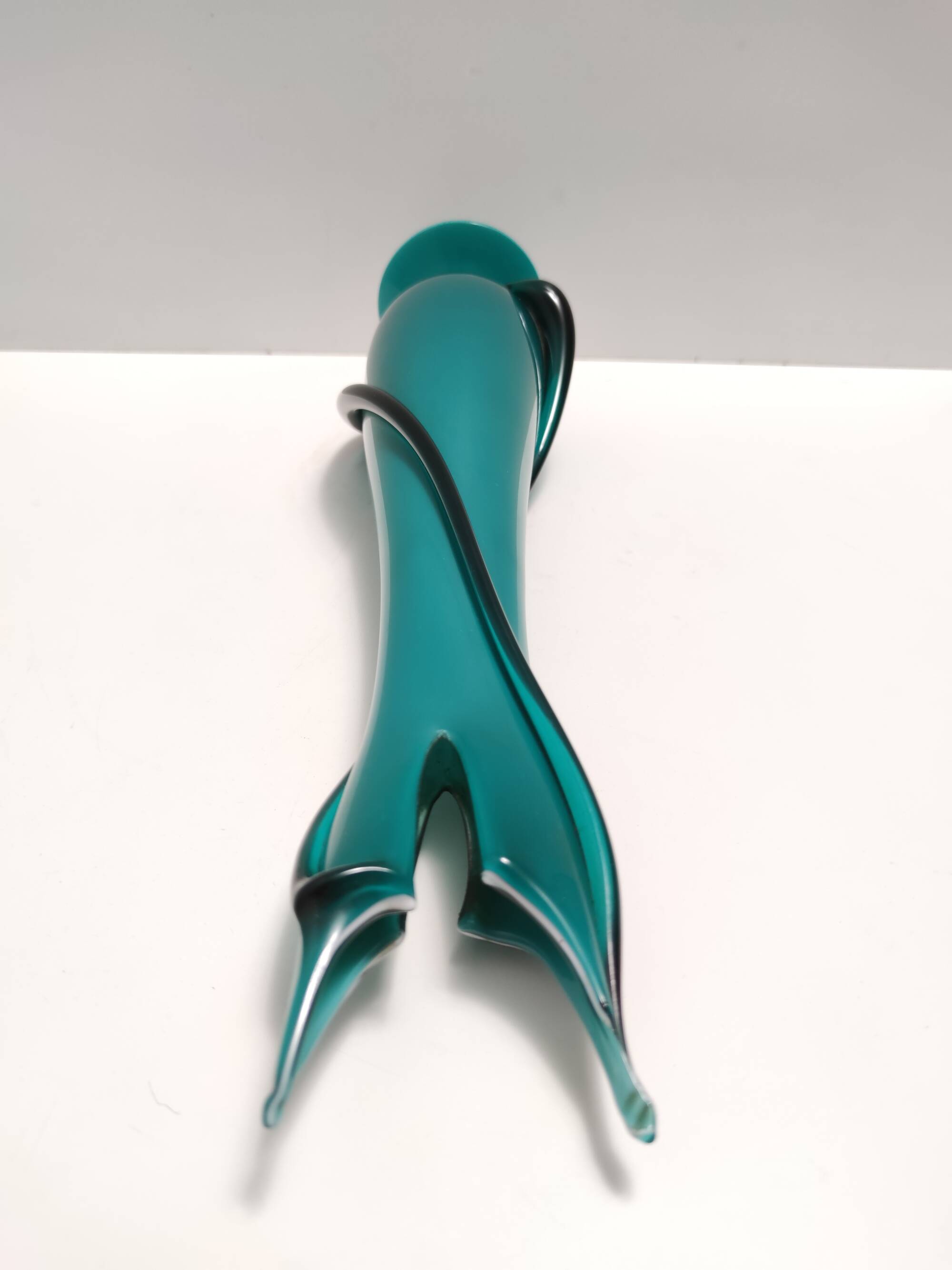 Vintage Teal Encased and Hand-Blown Murano Glass Flower Vase, Italy