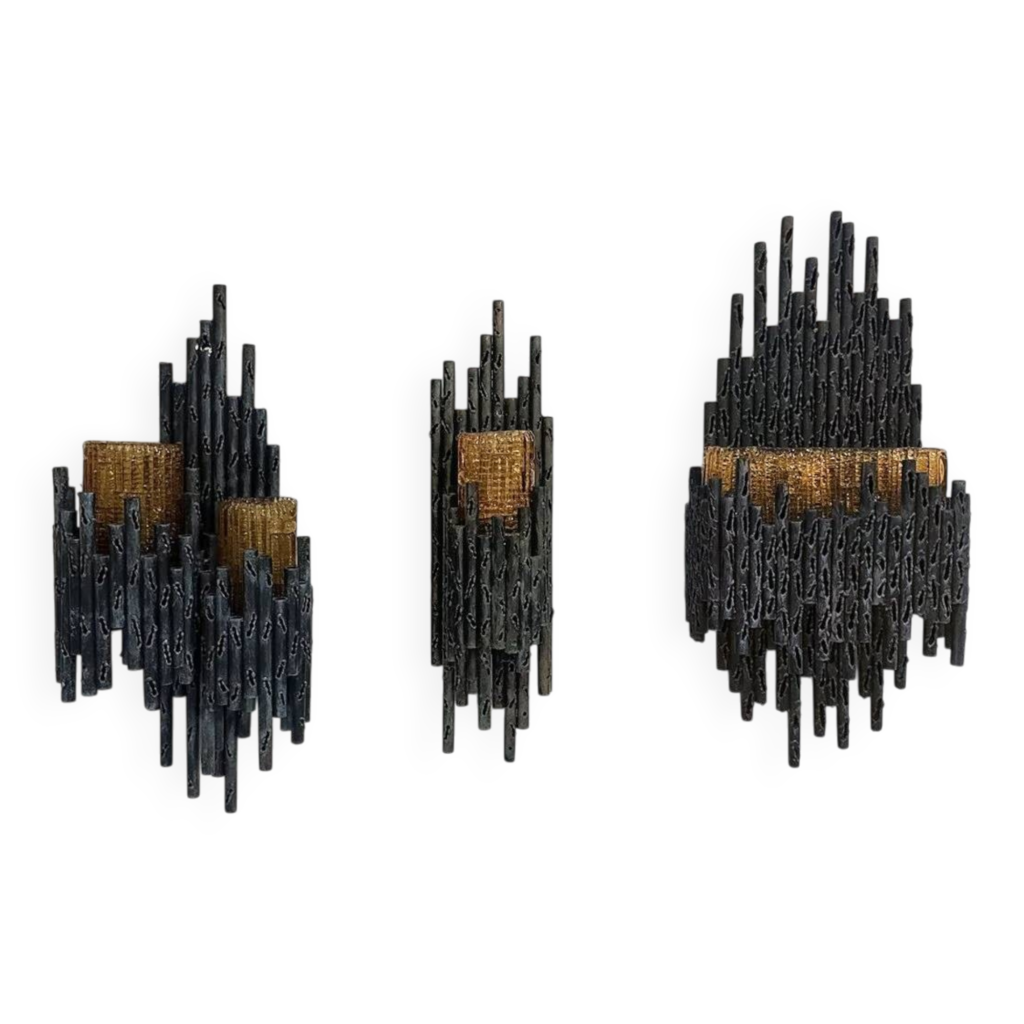 3 appliques murales brutalistes en acier et verre