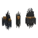 3 appliques murales brutalistes en acier et verre