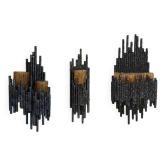 3 Brutalist wall sconces in steel and glass