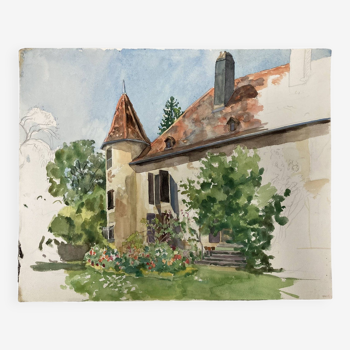 Watercolor landscape old house