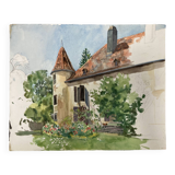 Aquarelle paysage demeure ancienne