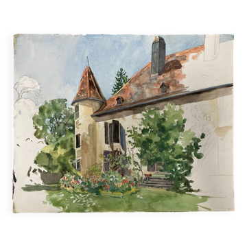 Watercolor landscape old house