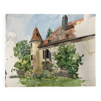 Watercolor landscape old house