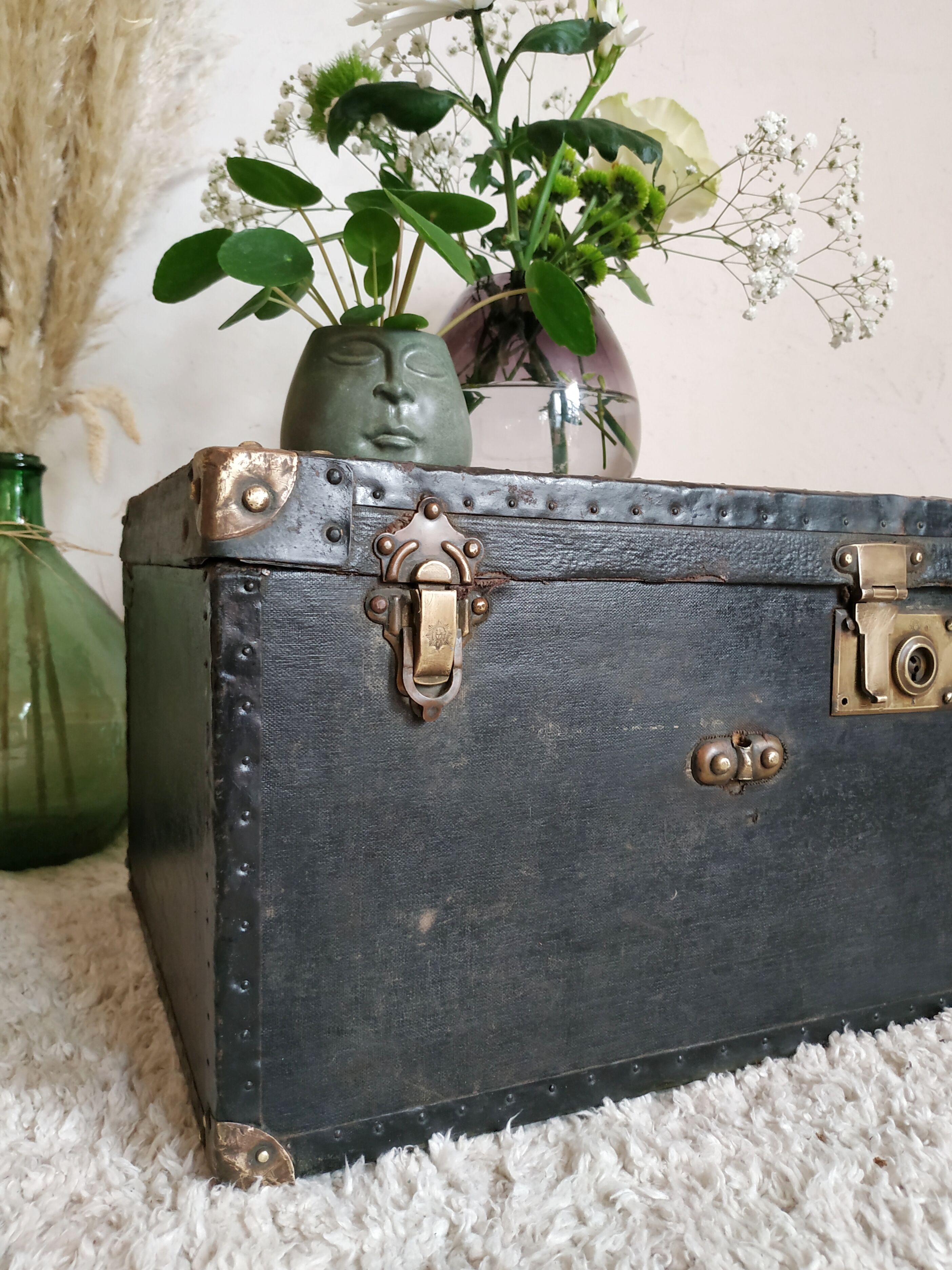 Old navy trunk, wooden chest and vintage leather
