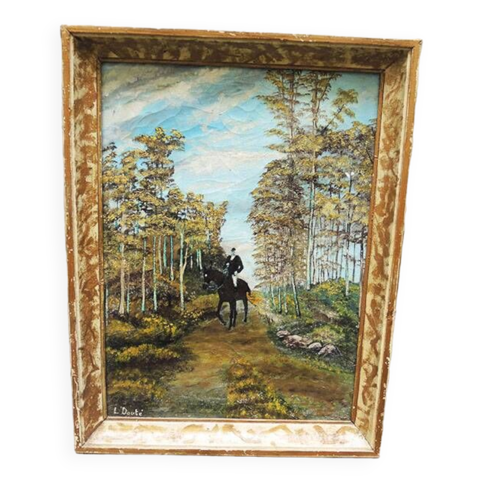 Old oil painting on canvas signed & framed: cavalier alone