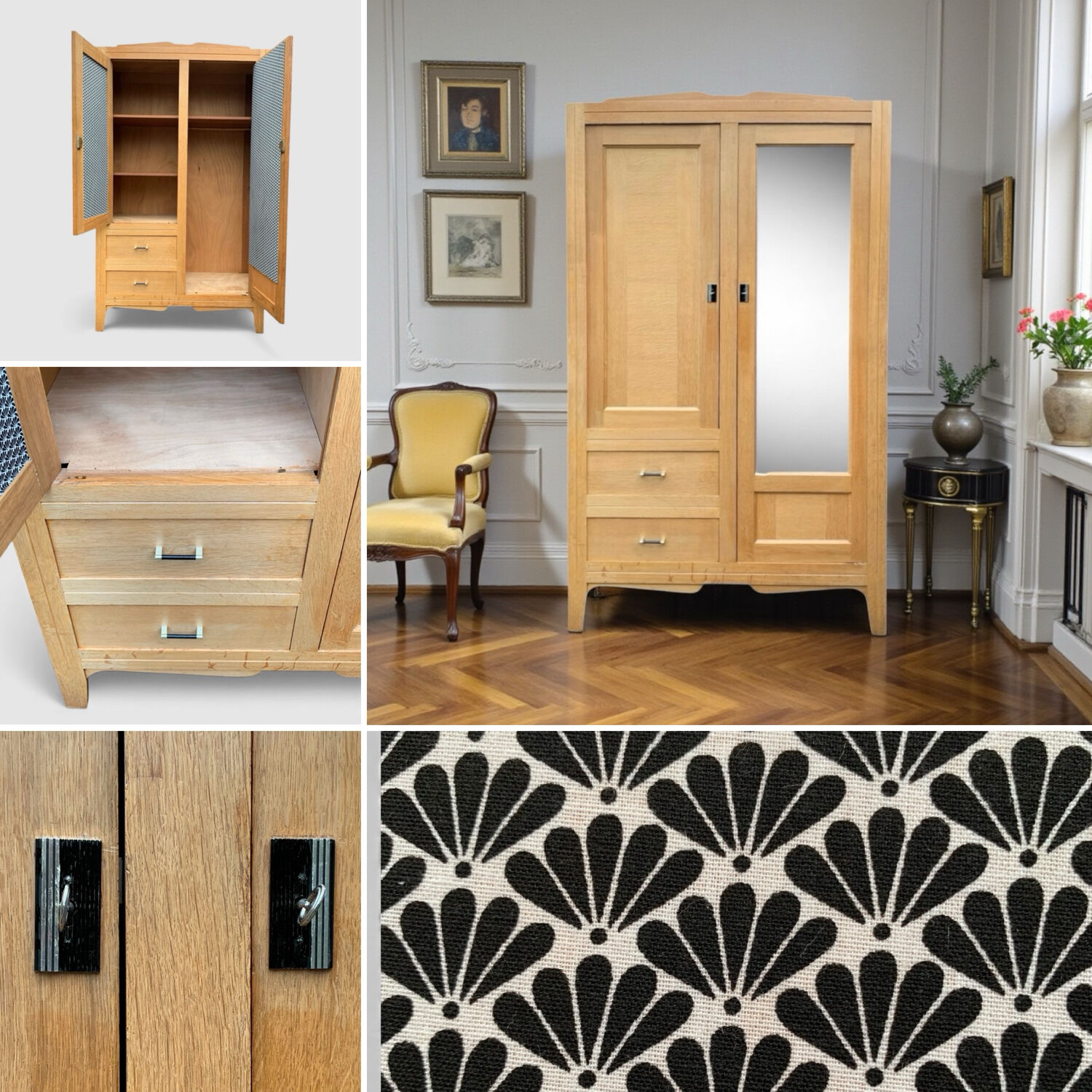 Vintage Parisian hotel wardrobe, blonde oak, 1950s.
