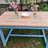 Farm table in oak rough tray vitrify Nordic green foot a drawer covered
