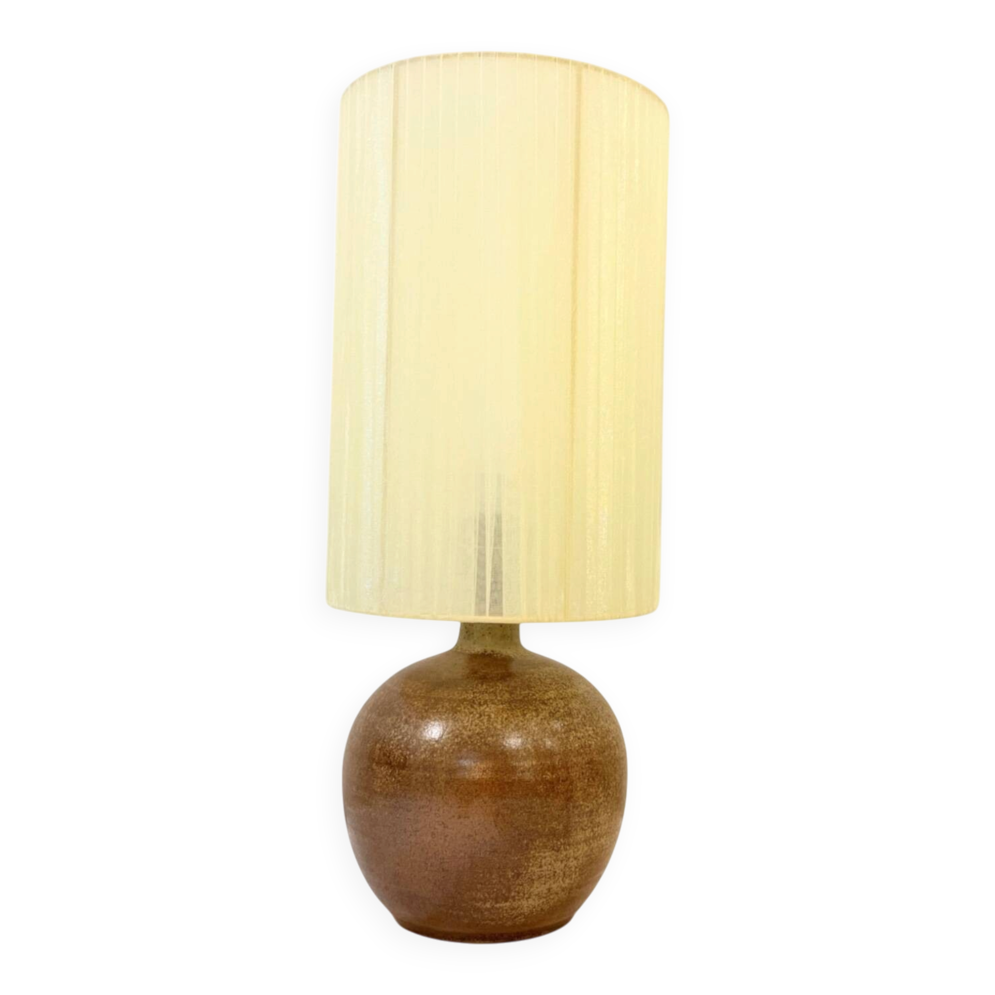 XXL vintage ceramic brown floor lamp with beige ribbon shade from the 1970s.