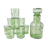 Set of decanter and 9 green glasses in bubbled glass 70s