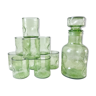 Set of decanter and 9 green glasses in bubbled glass 70s