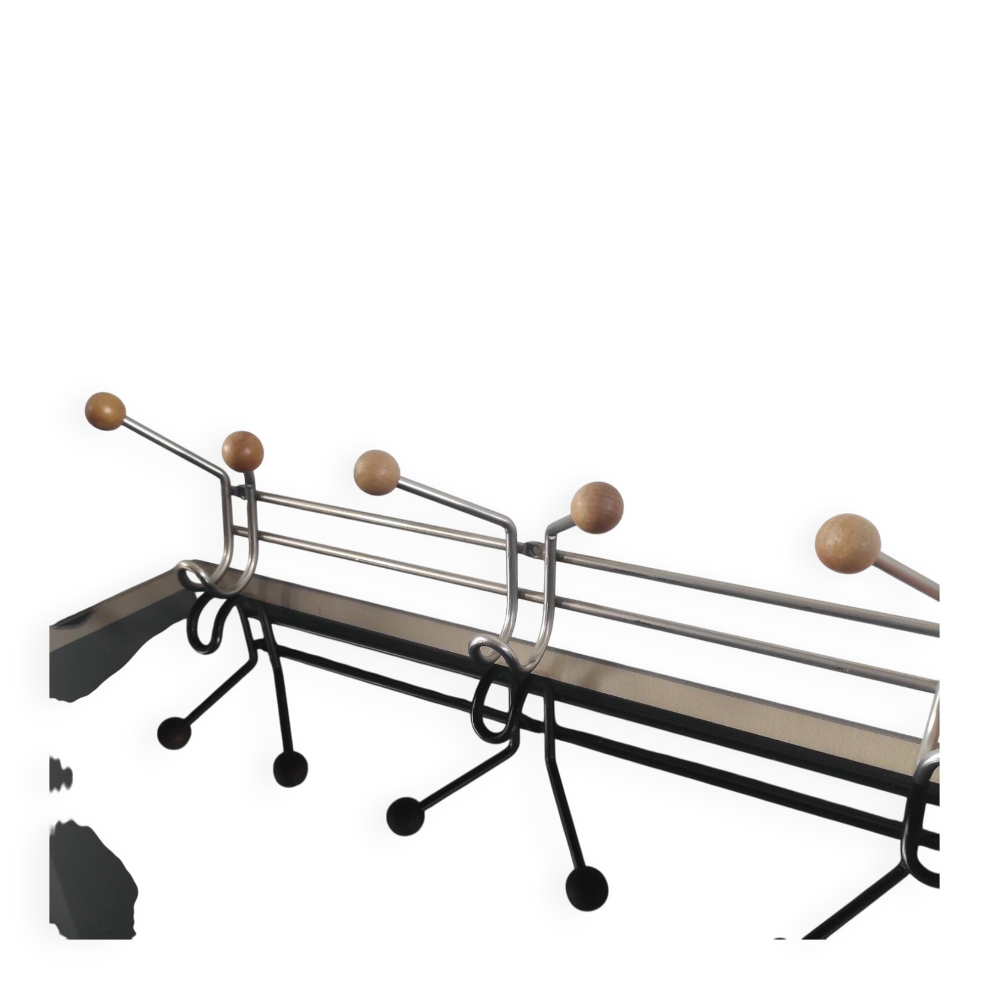 Vintage wall coat rack in brushed metal with wooden balls – Year design