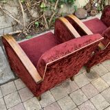 Pair of Art Deco club armchairs in burgundy red velvet, 1930s