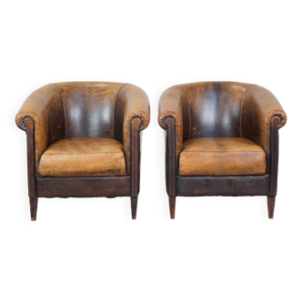 Lot de 2 fauteuils club vintage en cuir de mouton