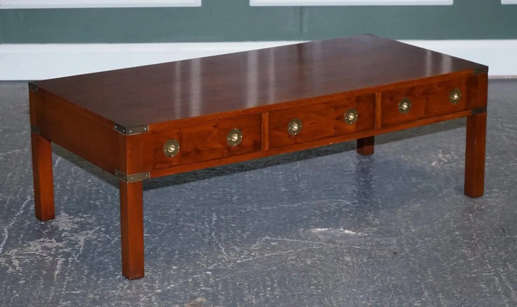 Coffee Table with 3 Drawers Military Campaign in Yew Wood, Elm and Brass, 1950s