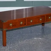 Coffee Table with 3 Drawers Military Campaign in Yew Wood, Elm and Brass, 1950s