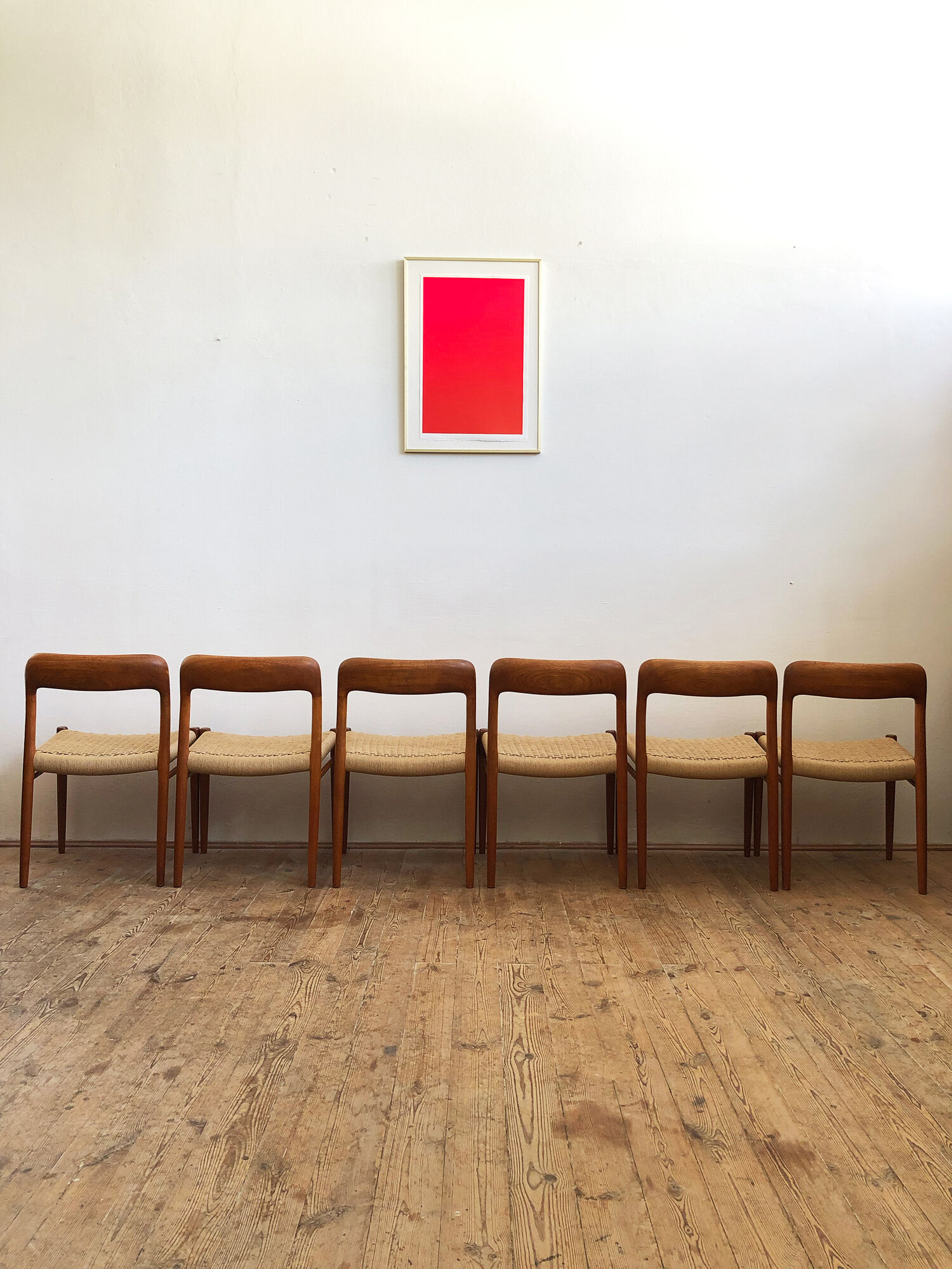 Set of 6 dining chairs, model 75 by Niels O. Møller in teak and paper cord