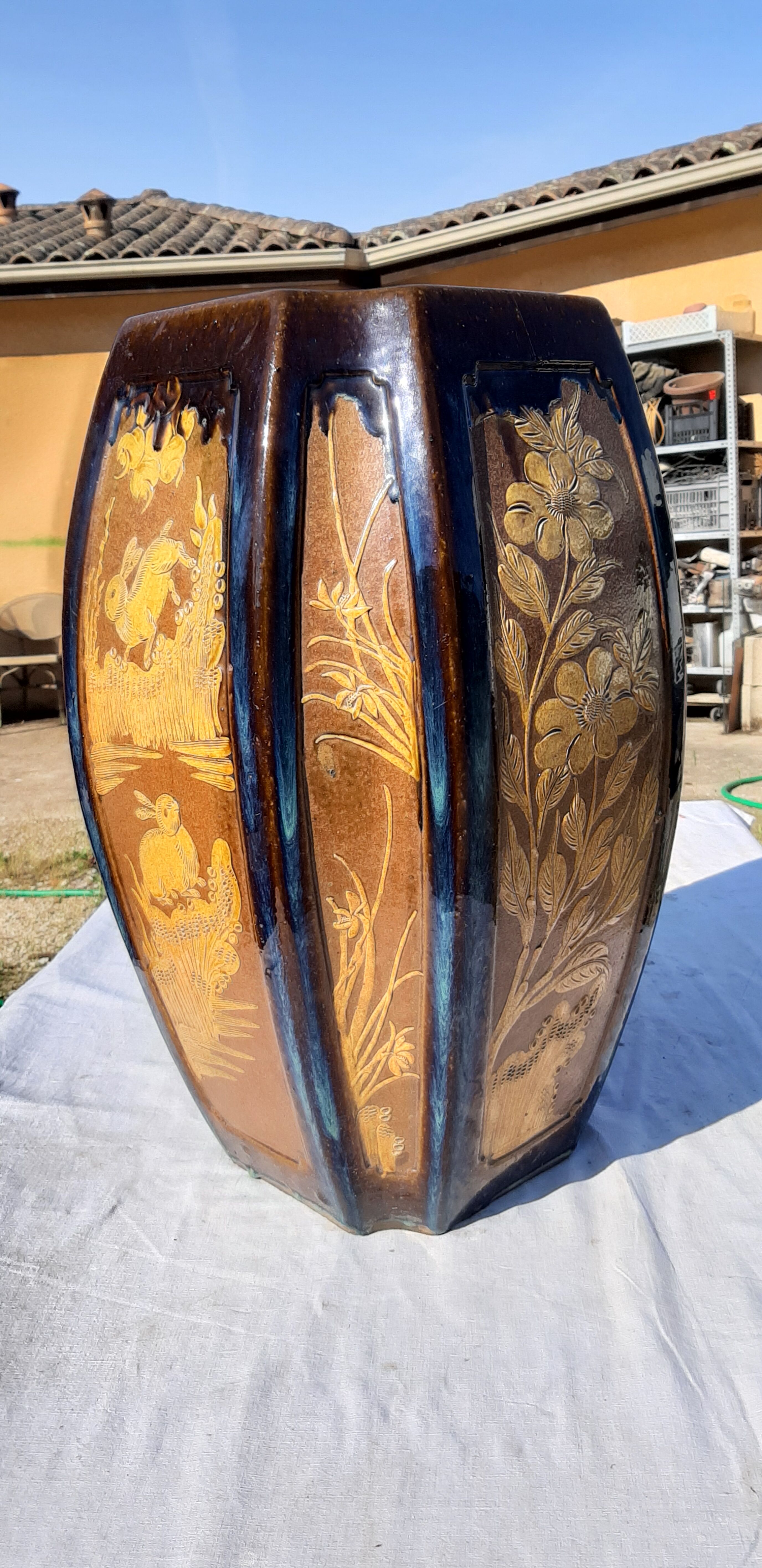 China vase in enamelled sandstone stamped stamp in hollow