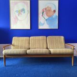 Scandinavian sofa in wood and vintage fabric from the 60s