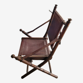 Chaise pliante bois façon bambou et cuir