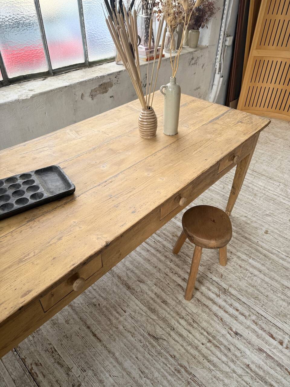 Pine and oak farmhouse table with multiple drawers, communal type, 240cm.