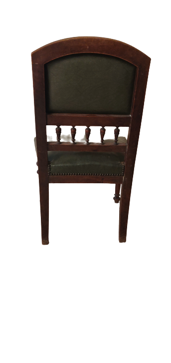 6 English style mahogany chairs covered with imitation green leather.
