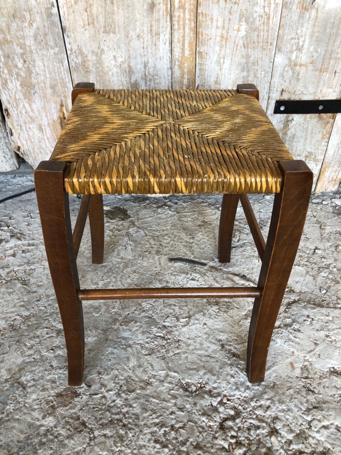 Wooden stool + vintage woven straw seat