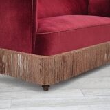 1950s, Danish 2-seater sofa, cherry-red furniture velour, ash wood.