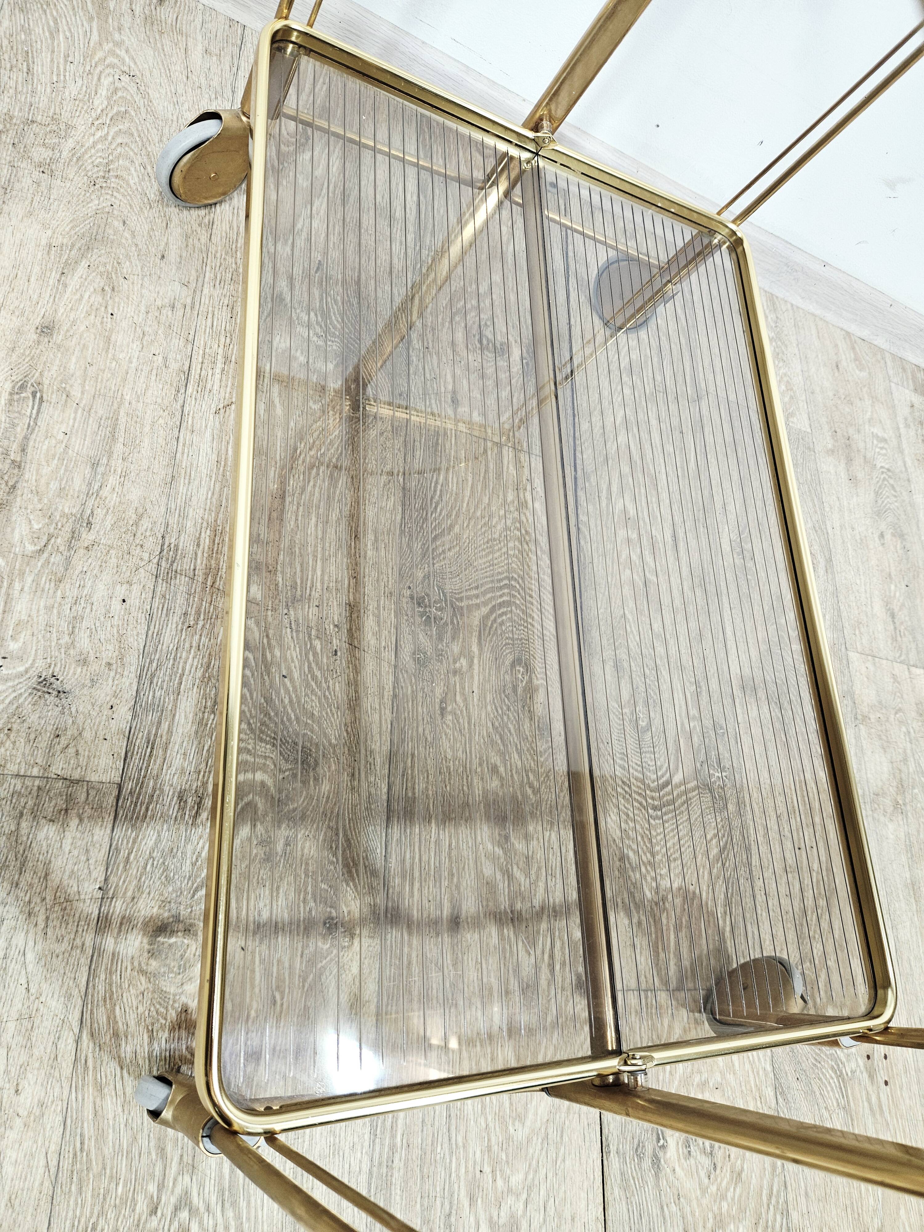 Mid-Century Folding Bar Cart – Brass and Ribbed Plexiglass – 1960s