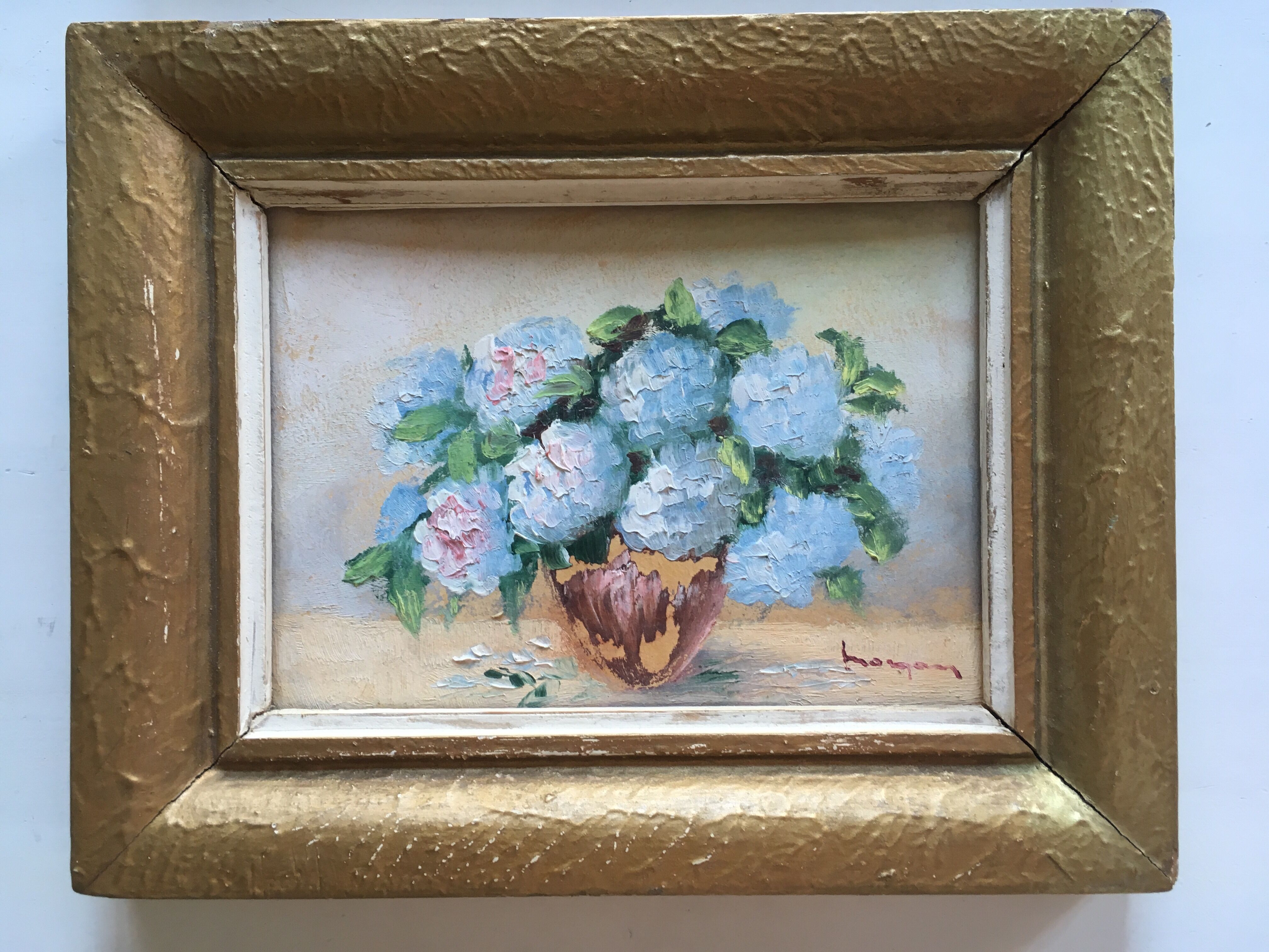 Set of 2 paintings bouquets of flowers with golden frame (signed Morgan)