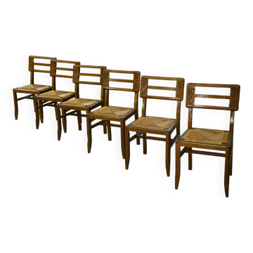 Set of 6 oak chairs in the style of Pierre Cruège 1940s.