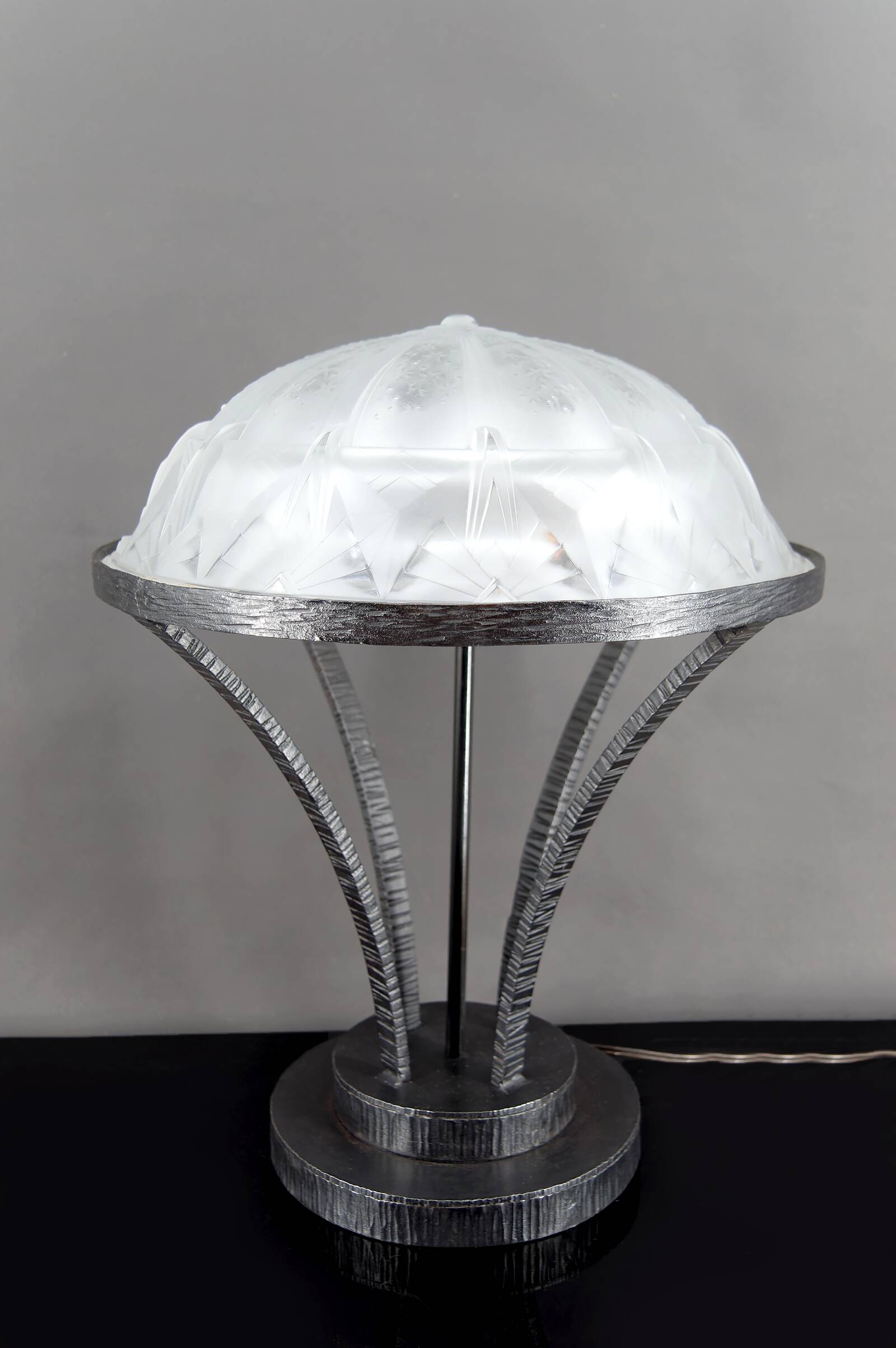 Important Art Deco Wrought Iron Lamp with Starry Glass Dome, c. 1930