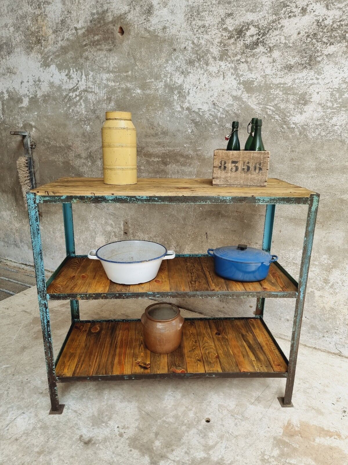 Industrial shelving unit sidetable kitchen rack pastel blue
