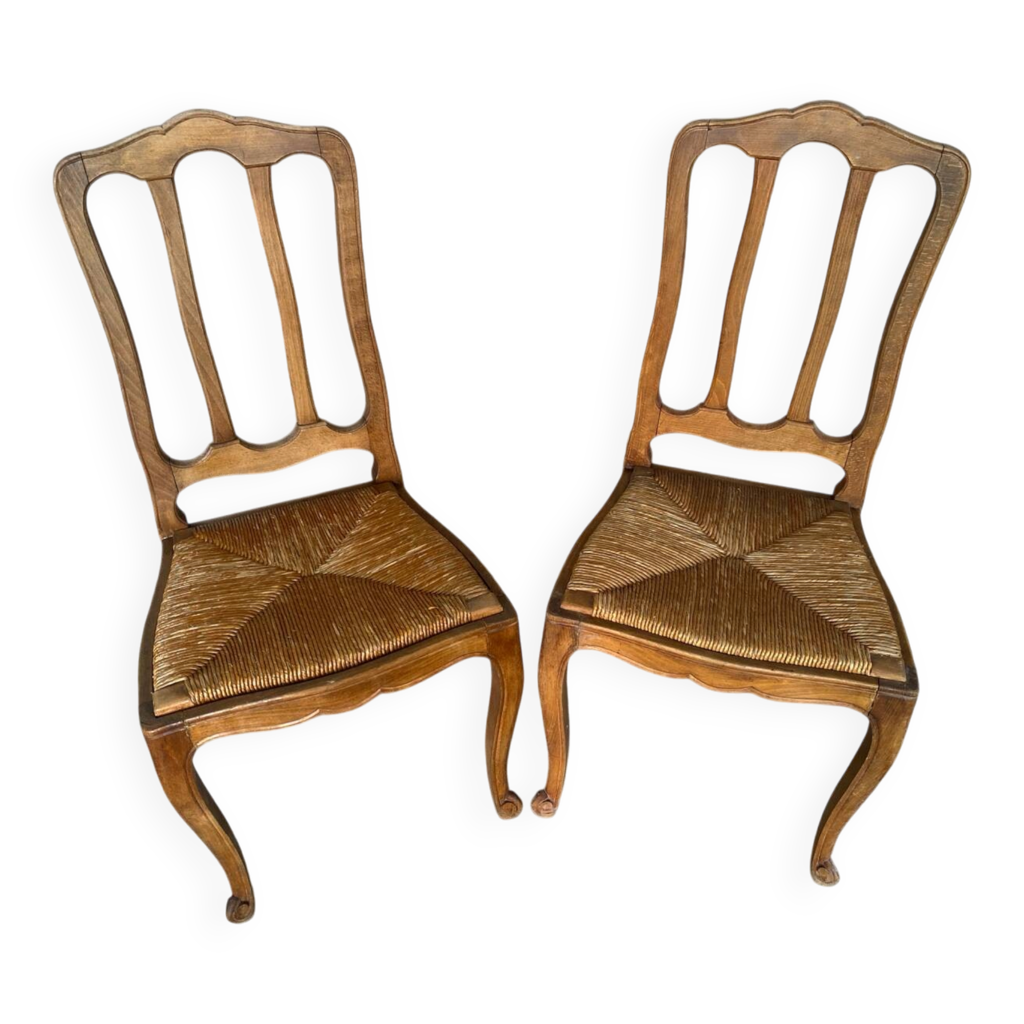 Pair of Antique Art Nouveau Chairs with Wooden Frame + Woven Straw Seat Vintage