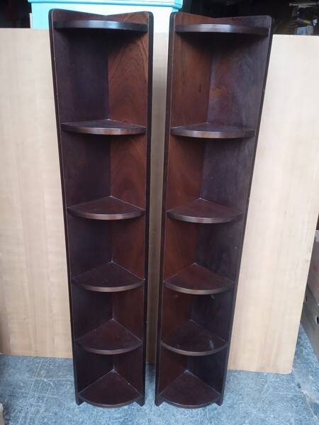 Pair of mahogany art deco style column corner cabinets