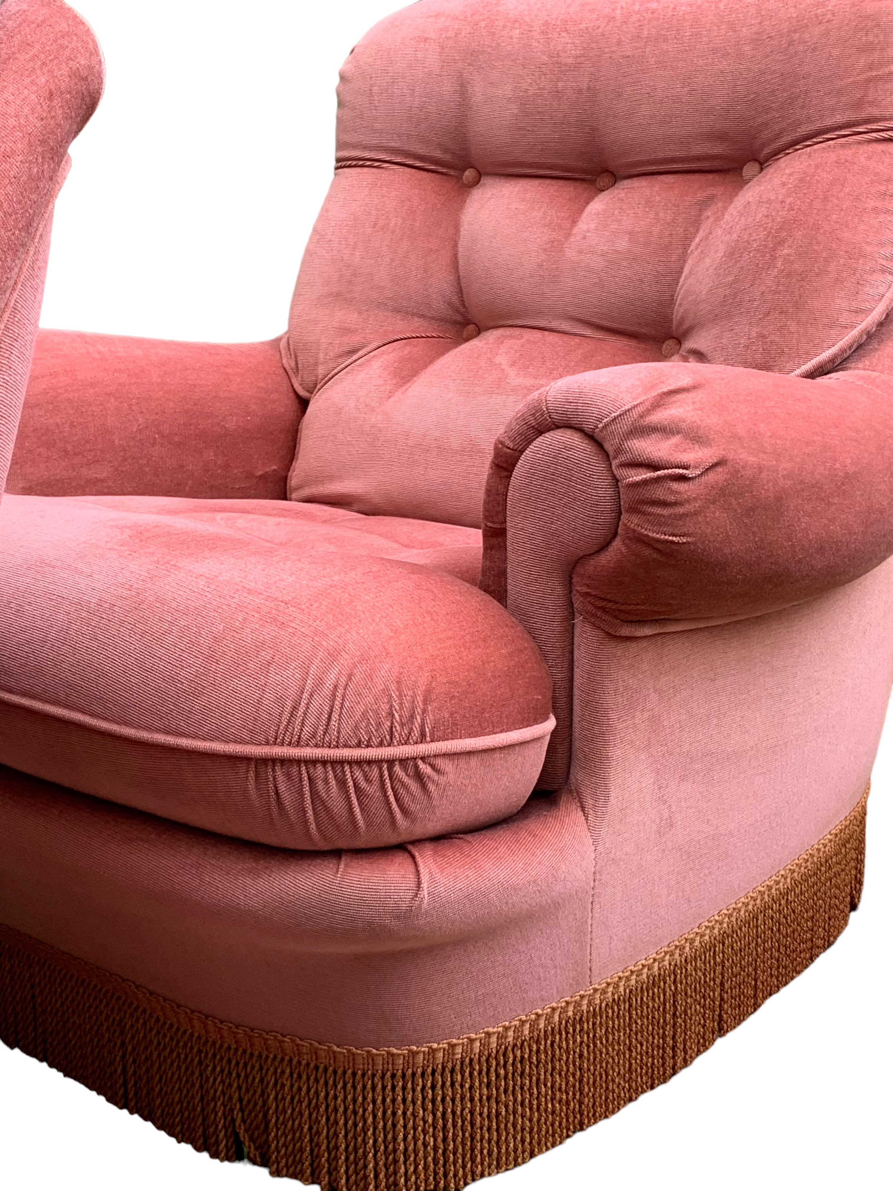 Pair of pink velvet toad armchairs, 1970s